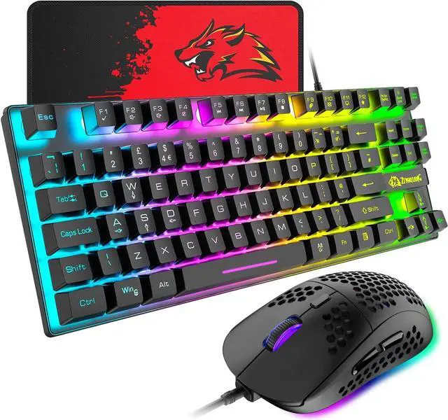 Main image of Gaming Keyboard and Mouse Combo,88 Keys Compact Rainbow Backlit Mechanical Feel Keyboard,RGB Backlit 6400 DPI Lightweight Gaming Mouse with Honeycomb Shell for Windows PC Gamers (Black)