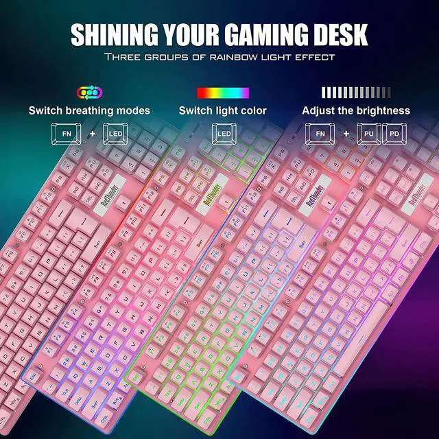 Alt view image 4 of 7 - K10 Wireless Gaming Keyboard and Mouse Combo, LED Backlit Rechargeable 3800mAh Battery, Mechanical Feel Anti-ghosting Keyboard + 7D 3200DPI Mice for PC Gamer (Pink)