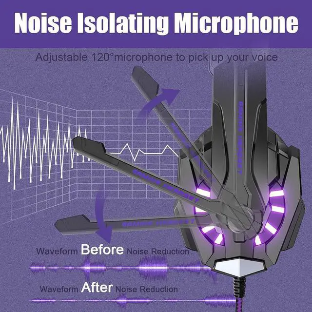 Alt view image 4 of 7 - BENGOO G9000 Stereo Gaming Headset for PS5, PS4, PC, Xbox One Controller, Noise Cancelling Over Ear Headphones with Mic, LED Light, Bass Surround, Soft Memory Earmuffs - Purple
