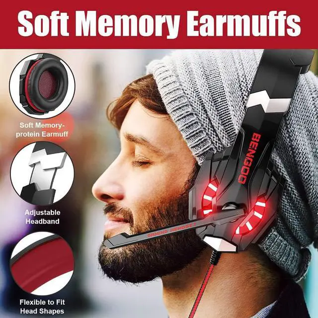 Alt view image 4 of 7 - BENGOO Stereo Pro Gaming Headset for PS4, PC, Xbox One Controller, Noise Cancelling Over Ear Headphones with Mic, LED Light, Bass Surround, Soft Memory Earmuffs for Laptop Mac Wii Accessory Kits