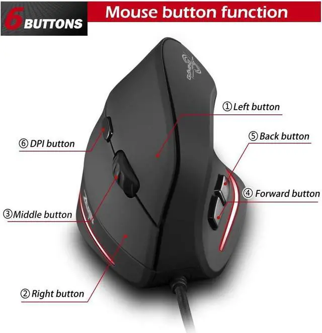 Alt view image 3 of 7 - zelotes Wired Mouse for Computer,3200DPI,6 Buttons LED USB Optical Ergonomic mouse,Vertical Mouse,Corded mouse for Laptop,PC,Mac,Black