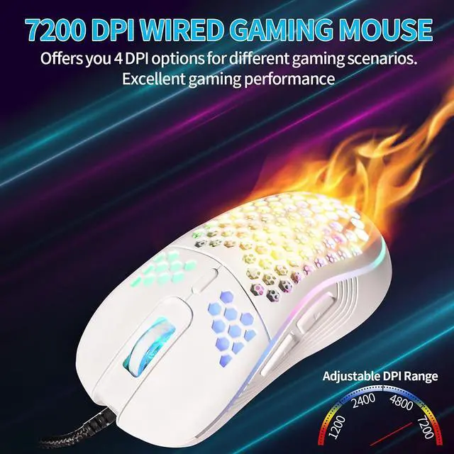 Alt view image 3 of 6 - Techsea Honeycomb Wired Gaming Mouse with RGB On/Off Switch, 7200 Adjustable DPI, Ergonomic Lightweight Design & High Precision Sensor for PC/Mac Gamers (White)