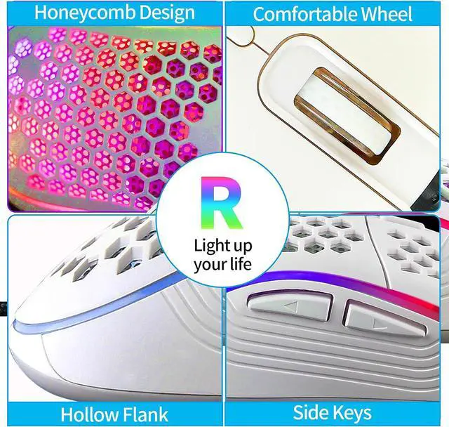 Alt view image 5 of 6 - Techsea Honeycomb Wired Gaming Mouse with RGB On/Off Switch, 7200 Adjustable DPI, Ergonomic Lightweight Design & High Precision Sensor for PC/Mac Gamers (White)