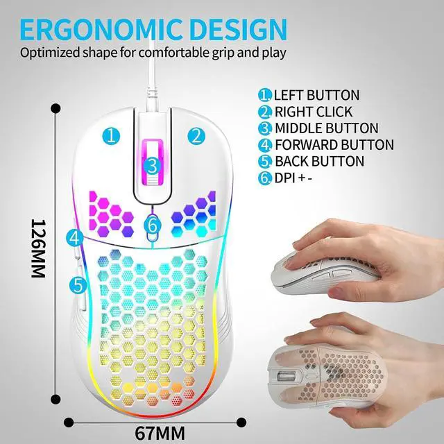 Alt view image 6 of 6 - Techsea Honeycomb Wired Gaming Mouse with RGB On/Off Switch, 7200 Adjustable DPI, Ergonomic Lightweight Design & High Precision Sensor for PC/Mac Gamers (White)