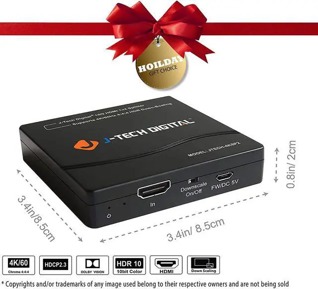 Alt view image 2 of 6 - HDMI Splitter 4K 60Hz 1X2 Multi-Resolution Output (MRO) by HDMI 2.0 Splitter Supports Downscale HDR HDR10 / Dolby Vision 4K@60Hz 4:4:4 HDCP2.3 2.2 (JTECH-4KSP2)