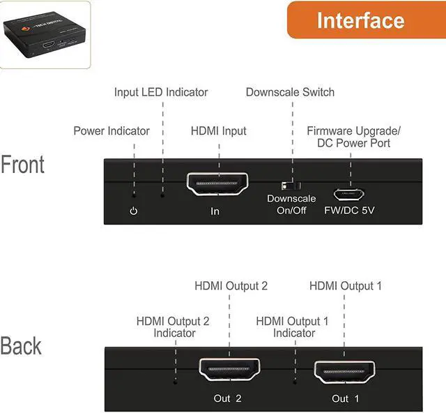 Alt view image 3 of 6 - HDMI Splitter 4K 60Hz 1X2 Multi-Resolution Output (MRO) by HDMI 2.0 Splitter Supports Downscale HDR HDR10 / Dolby Vision 4K@60Hz 4:4:4 HDCP2.3 2.2 (JTECH-4KSP2)