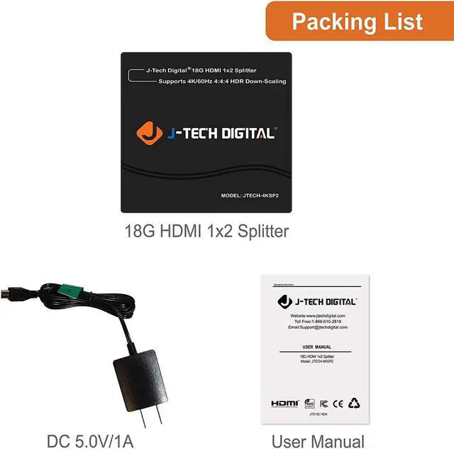 Alt view image 6 of 6 - HDMI Splitter 4K 60Hz 1X2 Multi-Resolution Output (MRO) by HDMI 2.0 Splitter Supports Downscale HDR HDR10 / Dolby Vision 4K@60Hz 4:4:4 HDCP2.3 2.2 (JTECH-4KSP2)