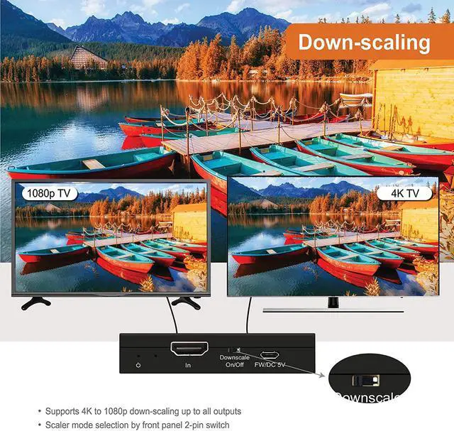 Alt view image 5 of 6 - HDMI Splitter 4K 60Hz 1X2 Multi-Resolution Output (MRO) by HDMI 2.0 Splitter Supports Downscale HDR HDR10 / Dolby Vision 4K@60Hz 4:4:4 HDCP2.3 2.2 (JTECH-4KSP2)