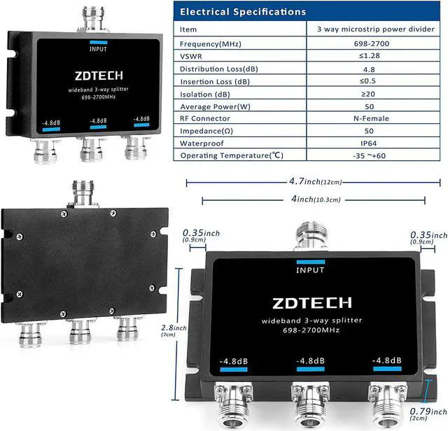 Alt view image 2 of 7 - South City Mall WideBand 3-Way Splitter with N-Female Connectors 50 Ohm Signal Splitter for 3G/4G/LTE(698-2700MHz)