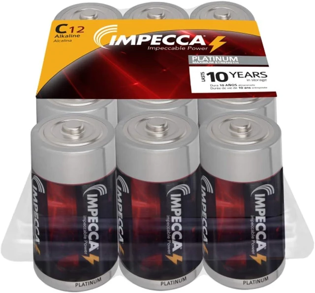 Main image of Impecca C Batteries High-Performance Alkaline C Cell Battery with A 10 Year Ultra Long Lasting Shelf Life Leak Resistant 1.5V All-Purpose Batteries Platinum Series, 12-Pack