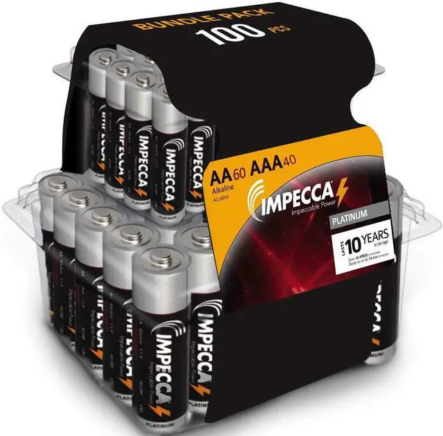 Alt view image 2 of 7 - Impecca AA and AAA Batteries Combo Pack (100 Pack) High-Performance Alkaline Battery, AA 60 Count AAA 40 Count, Leak-Resistant, and Long-Lasting Technology