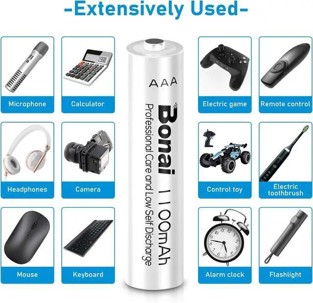Alt view image 4 of 7 - BONAI Rechargeable AAA Batteries  1100 MAh  NiMH High-Capacity  Recharge up to 1200x  16-Pack Pre-Charged