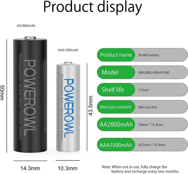 Alt view image 7 of 7 - POWEROWL AA AAA Rechargeable Batteries, Pre-Charged High Capacity 2800mAh & 1000mAh 1.2V NiMH Battery Low Self Discharge, Pack of 16