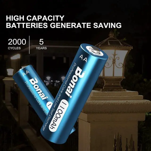 Alt view image 2 of 7 - BONAI AA Rechargeable Batteries, High Capacity 1100mAh NiMH Battery for Outdoor Solar Lights 1.2V Pre Charged Double-A Batteries (AA 20 Pack)