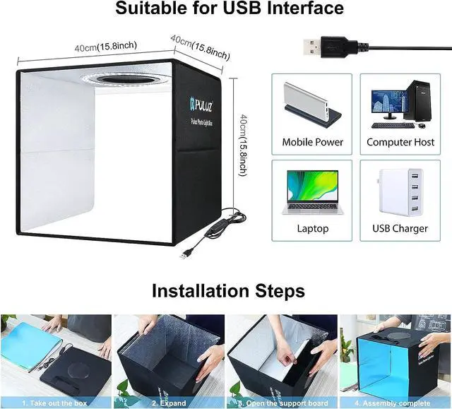 Alt view image 7 of 7 - Photo Studio Box, PULUZ 40cm Folding Lightbox LED Ring Light Portable Photo Studio Photography Shooting Tent Box Kit 12 Colors Backdrops USB Light Box for Phones DSLR Camera 16 x 16 inch