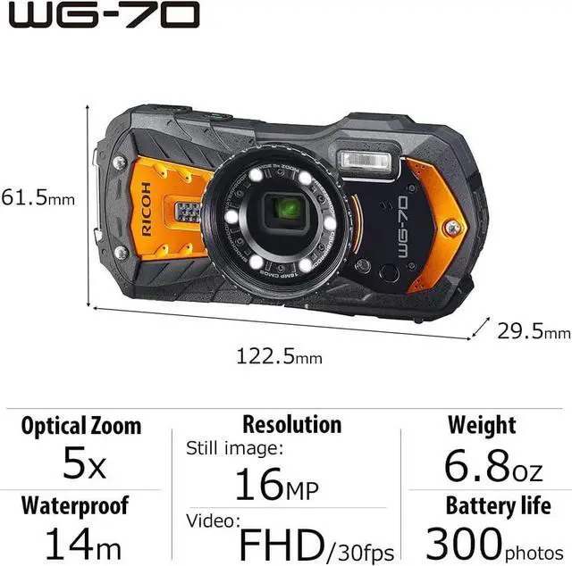 Alt view image 8 of 9 - Ricoh WG-70 Black Waterproof Digital Camera 16MP (Orange)