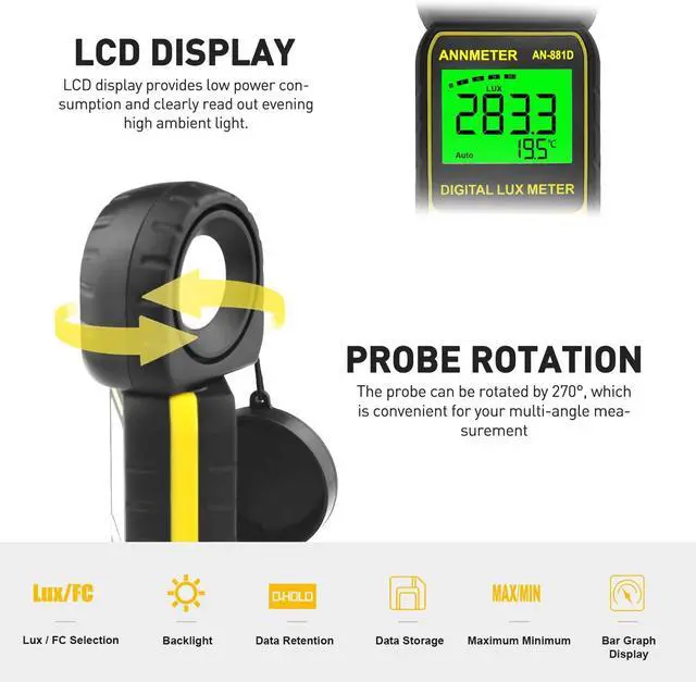 Alt view image 2 of 7 - Digital Lux/Foot Candle Light Meter, Illuminance Lumen Tester 0.01~400,000 Lux, Handheld Luxometro AI-881D for LED Plant Grow Lighting, Luxmeter w/Data Logging & Rotatable Detector