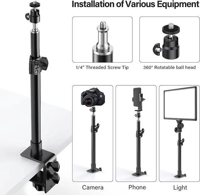 Alt view image 2 of 7 - 2-Pack Camera Desk Mount Stand with 1/4 Ball Head and Cold Shoe Mount Adapter 12.9-22 Tabletop Mounts Stand Adjustable Aluminum Desktop Light Stand for DSLR Camera Ring Light Video Light