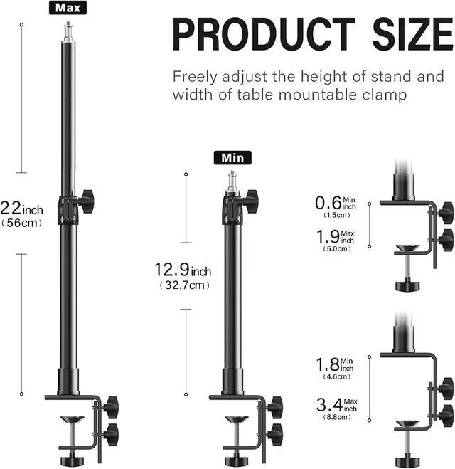 Alt view image 3 of 7 - 2-Pack Camera Desk Mount Stand with 1/4 Ball Head and Cold Shoe Mount Adapter 12.9-22 Tabletop Mounts Stand Adjustable Aluminum Desktop Light Stand for DSLR Camera Ring Light Video Light