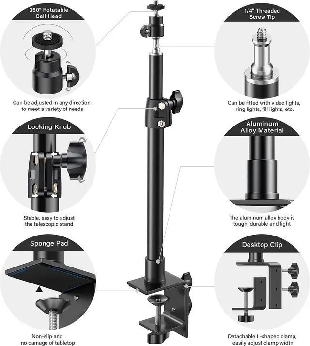 Alt view image 5 of 7 - 2-Pack Camera Desk Mount Stand with 1/4 Ball Head and Cold Shoe Mount Adapter 12.9-22 Tabletop Mounts Stand Adjustable Aluminum Desktop Light Stand for DSLR Camera Ring Light Video Light