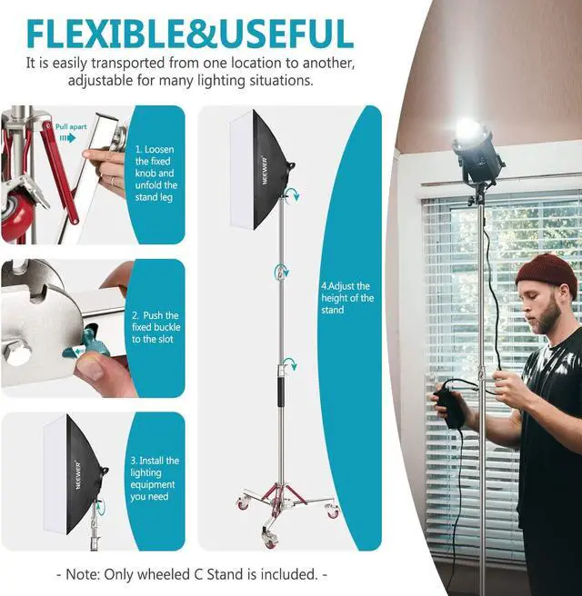 Alt view image 3 of 7 - Neewer Heavy Duty Light Stand with Casters, Adjustable Tripod Stand with 100% Stainless Steel, Photography Wheeled Base Stand for Studio Softbox, Monolight, Reflector, Max Height: 10ft/305cm