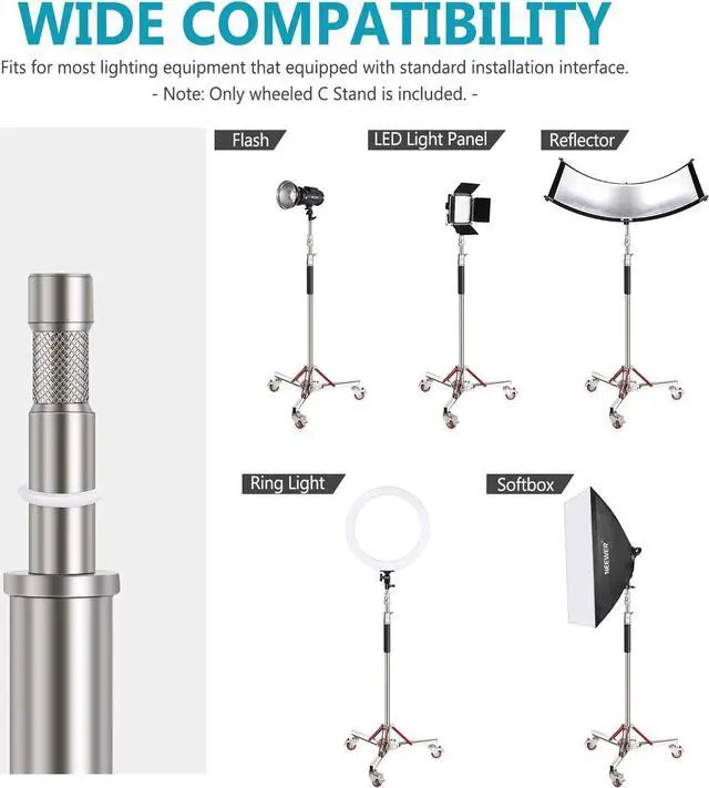 Alt view image 6 of 7 - Neewer Heavy Duty Light Stand with Casters, Adjustable Tripod Stand with 100% Stainless Steel, Photography Wheeled Base Stand for Studio Softbox, Monolight, Reflector, Max Height: 10ft/305cm