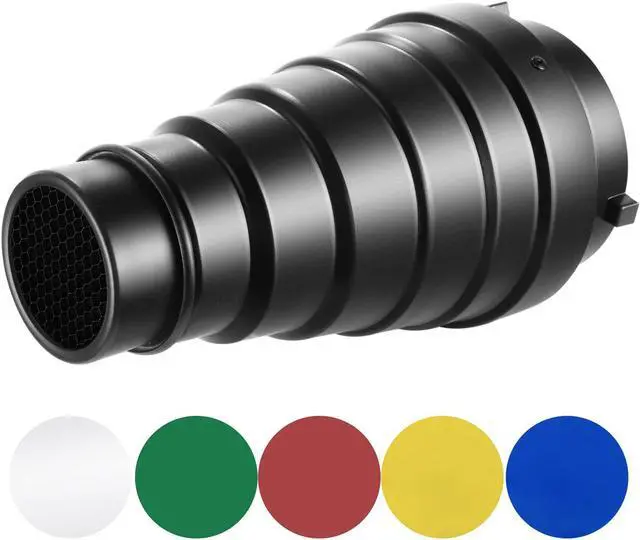 Main image of Neewer Large Aluminium Alloy Conical Snoot Kit with Honeycomb Grid and 5 Pieces Color Gel Filters for Bowens Mount Studio Strobe Monolight Photography Flash Light