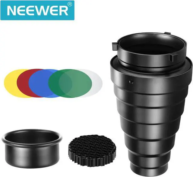 Alt view image 2 of 7 - Neewer Large Aluminium Alloy Conical Snoot Kit with Honeycomb Grid and 5 Pieces Color Gel Filters for Bowens Mount Studio Strobe Monolight Photography Flash Light