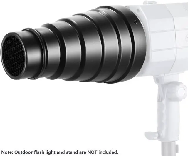 Alt view image 5 of 7 - Neewer Large Aluminium Alloy Conical Snoot Kit with Honeycomb Grid and 5 Pieces Color Gel Filters for Bowens Mount Studio Strobe Monolight Photography Flash Light