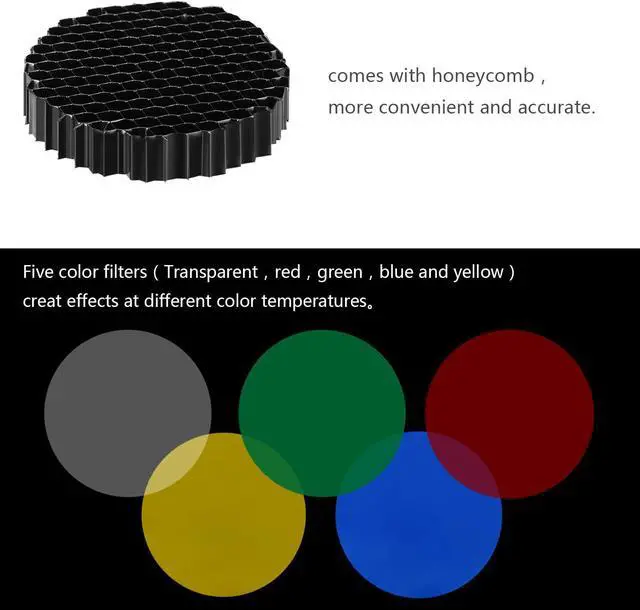 Alt view image 4 of 7 - Neewer Large Aluminium Alloy Conical Snoot Kit with Honeycomb Grid and 5 Pieces Color Gel Filters for Bowens Mount Studio Strobe Monolight Photography Flash Light