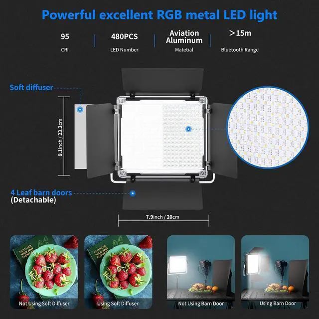 Alt view image 2 of 7 - 2 Packs 480 RGB Led Light with APP Control, Photography Video Lighting Kit with Stands and Bag, 480 SMD LEDs CRI95/3200K-5600K/Brightness 0-100%/0-360 Adjustable Colors/9 Applicable Scenes