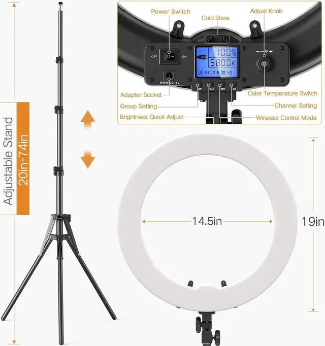 Alt view image 6 of 7 - Pixel Ring Light, 19" Bi-Color LCD Display Ring Light with Stand, 55W 3000-5800K CRI97 Light Ring for Vlogging Selfie-Portrait Live Stream Video Photography Shooting