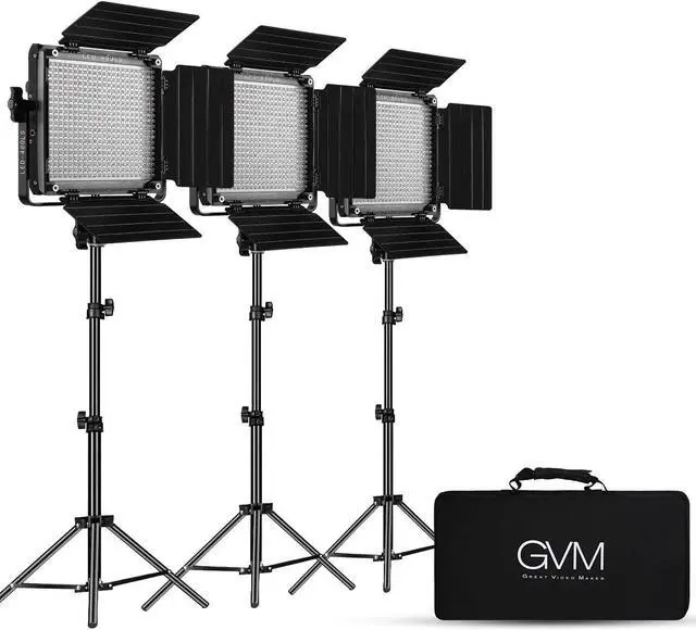 Main image of GVM 3 Pack LED Video Lighting Kits, Bi-Color Variable 2300K~6800K with Digital Display, 10~100% Brightness, CRI97+ TLCI97 Led Video Light Panel, Barndoor, App Control