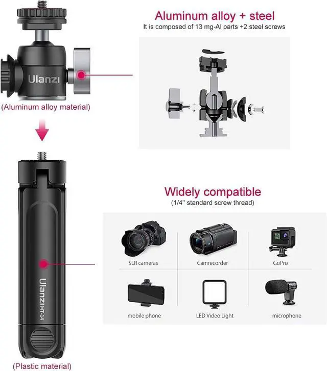 Alt view image 2 of 7 - ULANZI Mini Camera Tripod with 360° Ball Head & Cold Shoe, Extendable Small Selfie Stick Tabletop Tripod Stand Handle Grip for Camera iPhone 11 Canon G7X Mark III Sony ZV-1 RX100 VII A6600 Vlogging