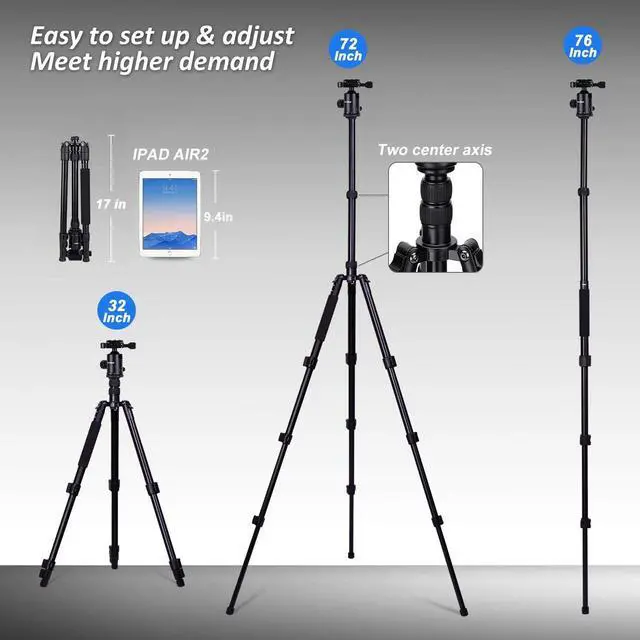 Alt view image 2 of 7 - Tripod for Camera, 76 Aluminum DSLR Camera Tripod Monopod 360 Degree Ball Head with 1/4 Screw Fast Quick Release Plates for Samsung Olympus Panasonic & Pentax Travel Work