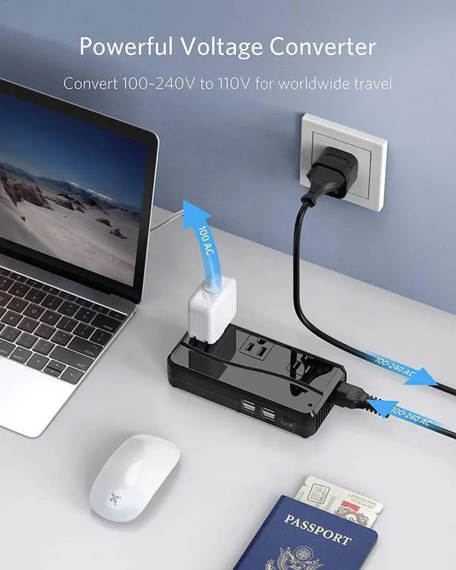 Alt view image 2 of 7 - BESTEK Universal Travel Adapter 100-220V to 110V Voltage Converter 250W with 6A 4-Port USB Charging 3 AC Sockets and EU/UK/AU/US/India Worldwide Plug Adapter (Black)