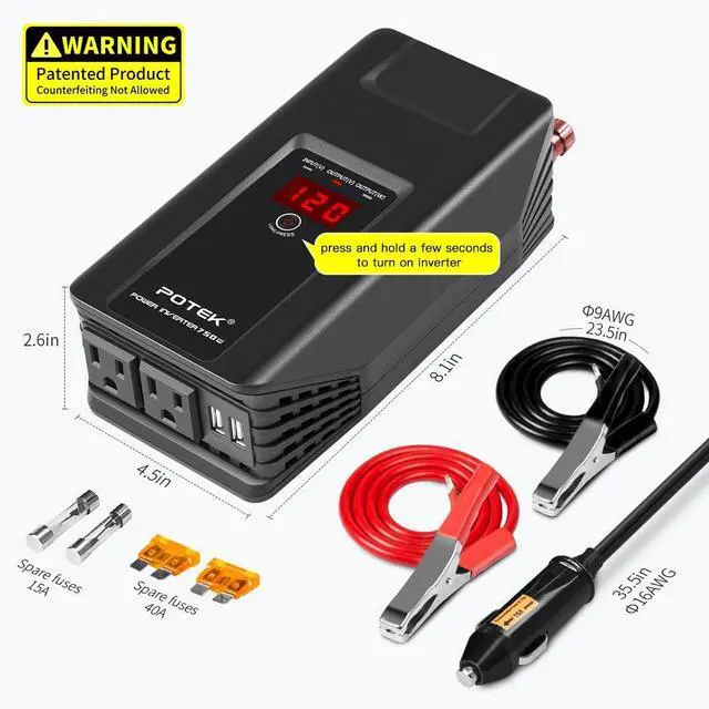 Alt view image 2 of 7 - 750W Power Inverter 12V DC to 110V AC Car Adapter with Two USB and AC Charging Ports for Laptop,Tablet, Smartphone,Camera and More