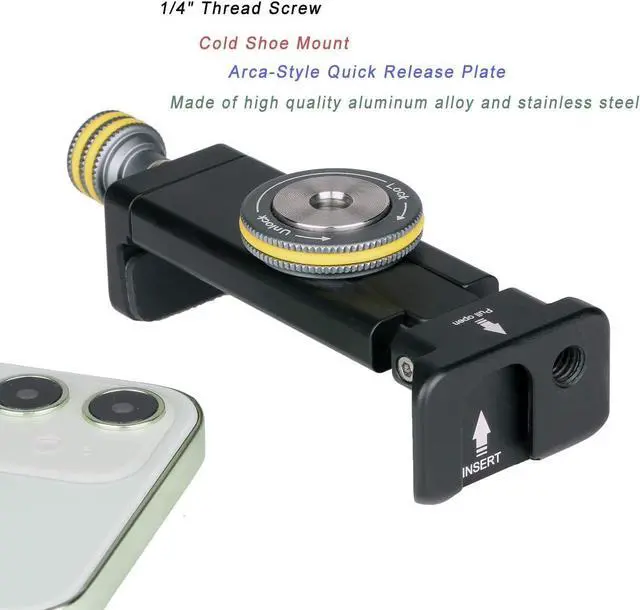 Alt view image 4 of 7 - Phone Mount for Tripod, Smartphone Tripod Adapter for iPhone Samsung Cell Phone Stand Holder with Cold Shoe and Arca Swiss Quick Release Plate for iPhone 15 Pro Max Galaxy S24