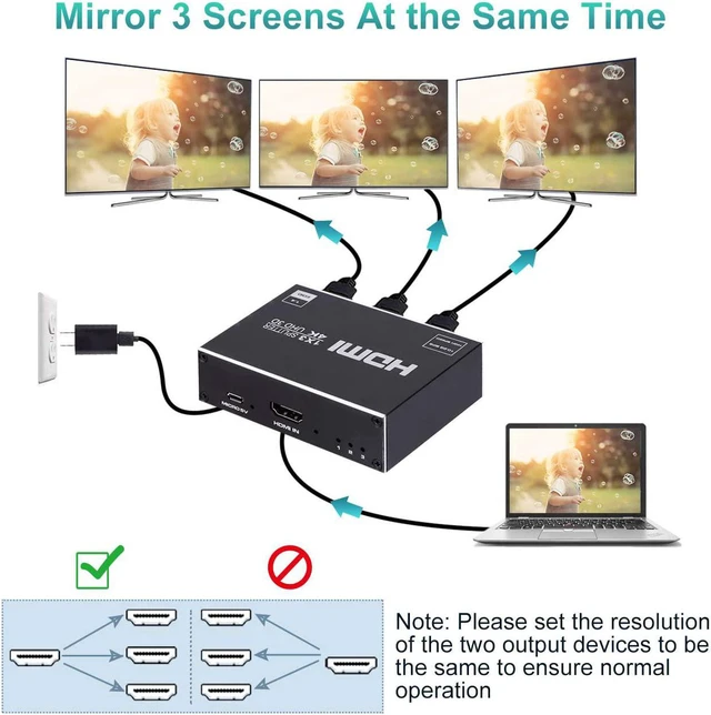 Alt view image 3 of 7 - 1x3 HDMI Splitter, 1 in 3 Out HDMI Splitter Audio Video Distributor Box Support 3D & 4K x 2K Compatible for HDTV, STB, DVD, PS3, Projector Etc
