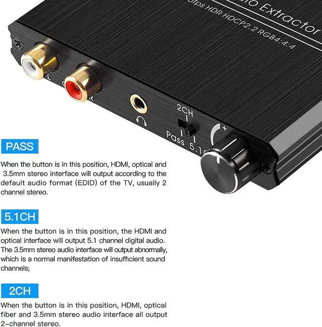 Alt view image 5 of 7 - 4K@60HZ HDMI Audio Extractor, HDMI 2.0b Audio Splitter Converter, HDMI to HDMI + Optical Toslink SPDIF + 3.5mm Stereo Audio with Control Output Analog Volume Knob Compatible for PS5/4/3/Blu-ray player