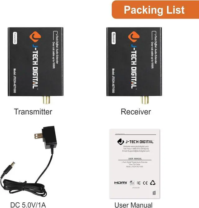 Alt view image 4 of 4 - Digital Audio Extender Converter for Optical/Coaxial Audio Over Single Cat5e/6 Cable (PoC) up to 990 (300m) for Dolby Digital, DTS 5.1, DTS-HD, PCM by J-Tech Digital [JTECH-AET1000]