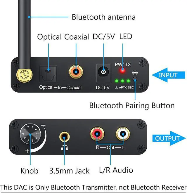Alt view image 5 of 7 - eSynic Digital to Analog Converter 192kHz DAC Converter with Bluetooth V5.0 Transmitter Support aptX Low Latency, aptX, SBC, Volume Control Digital Optical Coaxial to Analog Stereo L/R RCA 3.5mm