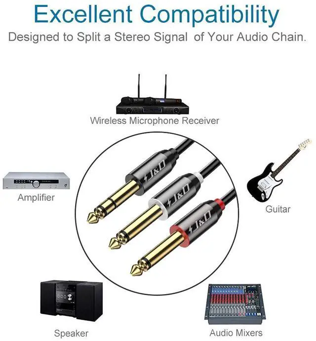 Alt view image 3 of 7 - 1/4 Inch TRS Stereo Y Splitter Insert Cable Gold Plated Copper Shell 6.35mm Male to Dual 6.35mm TS Male Mono Breakout Cable Audio Cord 3 Feet