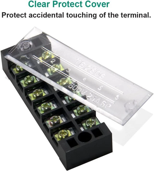 Alt view image 3 of 7 - Terminal Block and Strip - 5pcs 6 Positions 600V 25A Dual Row Screw Terminals Strip with Cover+5pcs Pre-Insulated Barrier Jumper Strips Black & Red + Spade Fork Wire Connectors