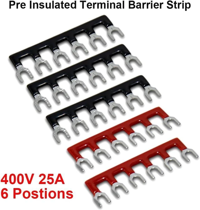 Alt view image 5 of 7 - Terminal Block and Strip - 5pcs 6 Positions 600V 25A Dual Row Screw Terminals Strip with Cover+5pcs Pre-Insulated Barrier Jumper Strips Black & Red + Spade Fork Wire Connectors