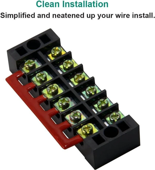 Alt view image 6 of 7 - Terminal Block and Strip - 5pcs 6 Positions 600V 25A Dual Row Screw Terminals Strip with Cover+5pcs Pre-Insulated Barrier Jumper Strips Black & Red + Spade Fork Wire Connectors