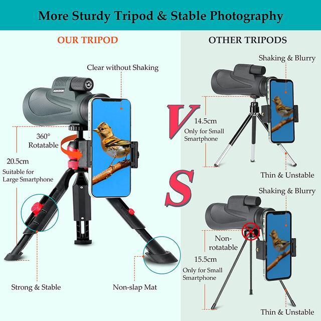Alt view image 3 of 7 - 12x56 HD Monocular Telescope with Smartphone Adapter, Upgraded Tripod, Hand Strap - High Power Monocular with Clear Low Light Vision for Star Watching - Lightweight Monocular for Bird Watching Hunting