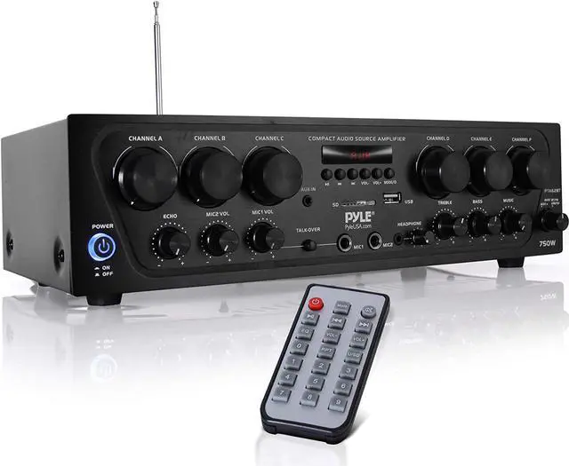 Main image of Wireless Bluetooth Home Audio Amplifier System-Upgraded 6 Channel 750 Watt Sound Power Stereo Receiver w/USB, Micro SD, Headphone,2 Microphone Input w/Echo, Talkover for PA - PTA62BT.5