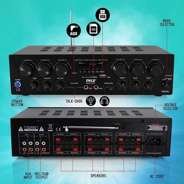 Alt view image 2 of 7 - Wireless Bluetooth Home Audio Amplifier System-Upgraded 6 Channel 750 Watt Sound Power Stereo Receiver w/USB, Micro SD, Headphone,2 Microphone Input w/Echo, Talkover for PA - PTA62BT.5