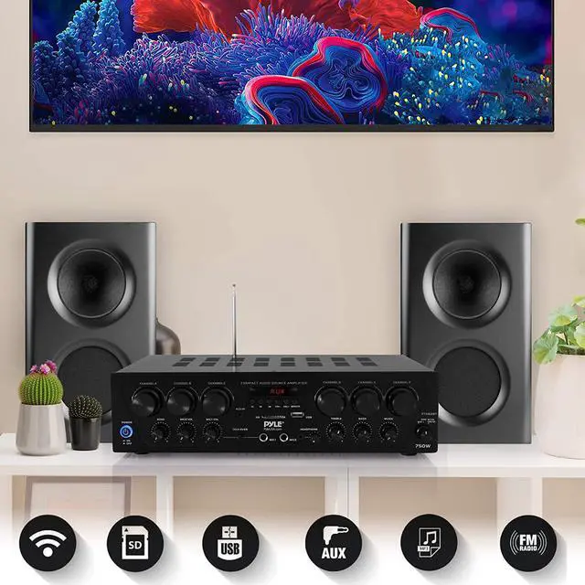 Alt view image 6 of 7 - Wireless Bluetooth Home Audio Amplifier System-Upgraded 6 Channel 750 Watt Sound Power Stereo Receiver w/USB, Micro SD, Headphone,2 Microphone Input w/Echo, Talkover for PA - PTA62BT.5